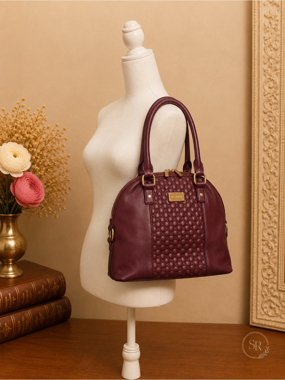 St. John Wine Leather Dome Satchel Quilted Shoulder Bag Purse - Picture 2 of 11